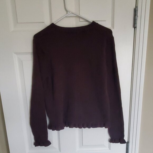 NEW Ruffle Cardigan Brown Button Up Crew Neck Long Sleeve - Picture 3 of 9